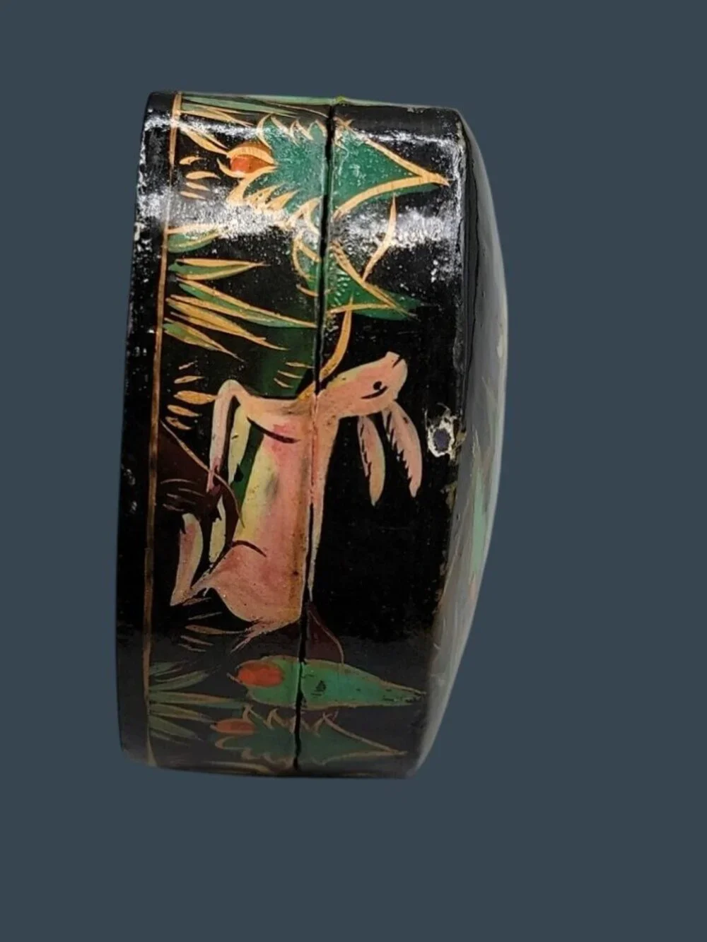 Vintage Kashmiri Heart-Shaped Papier Mache Box Hunter Jungle Motif 3